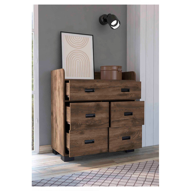 Commode Alyn, quatre pieds, quatre tiroirs, un double tiroir, plateau supérieur - brun foncé
