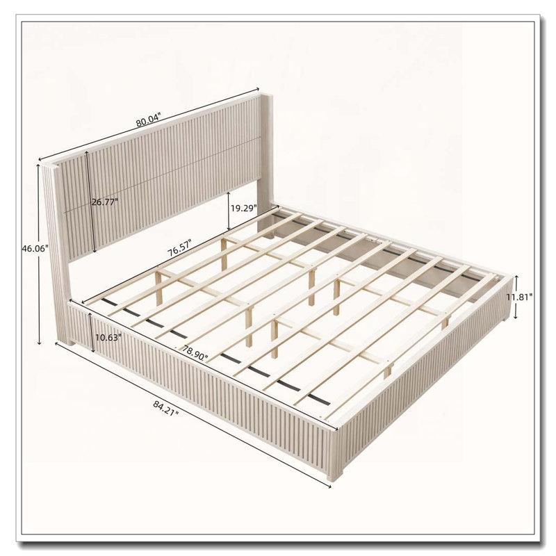 Structure de lit plateforme en bois massif avec tête de lit, aucun sommier nécessaire, Beige, Très grand lit