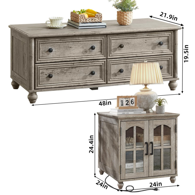 Ensemble de table basse et table d'appoint de style ferme (2 pièces), tables de salon en bois avec table basse à 4 tiroirs et table d'appoint avec station de recharge, design à colonnes romaines pour salon et chambre