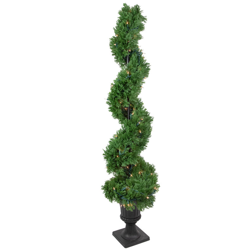 4.5' Pre-Lit Artificial Cedar Spiral Topiary Tree in Urn Style Pot Clear Lights