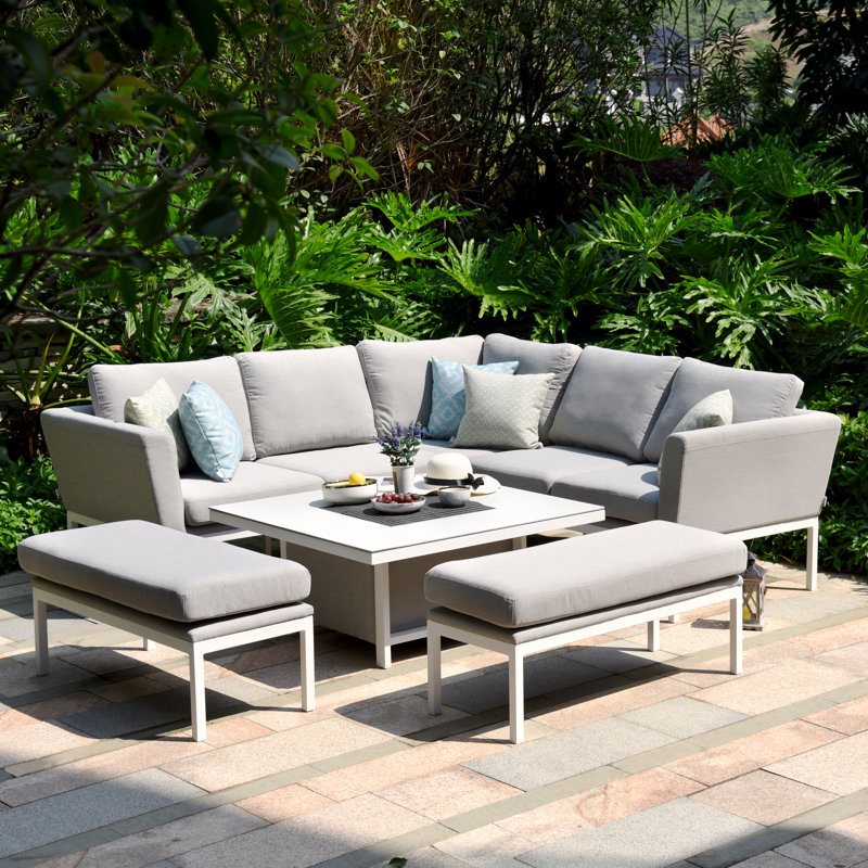 Mattalyn Outdoor Fabric Pulse Square Corner Dining Set - with Rising Table, White, Light Grey/White