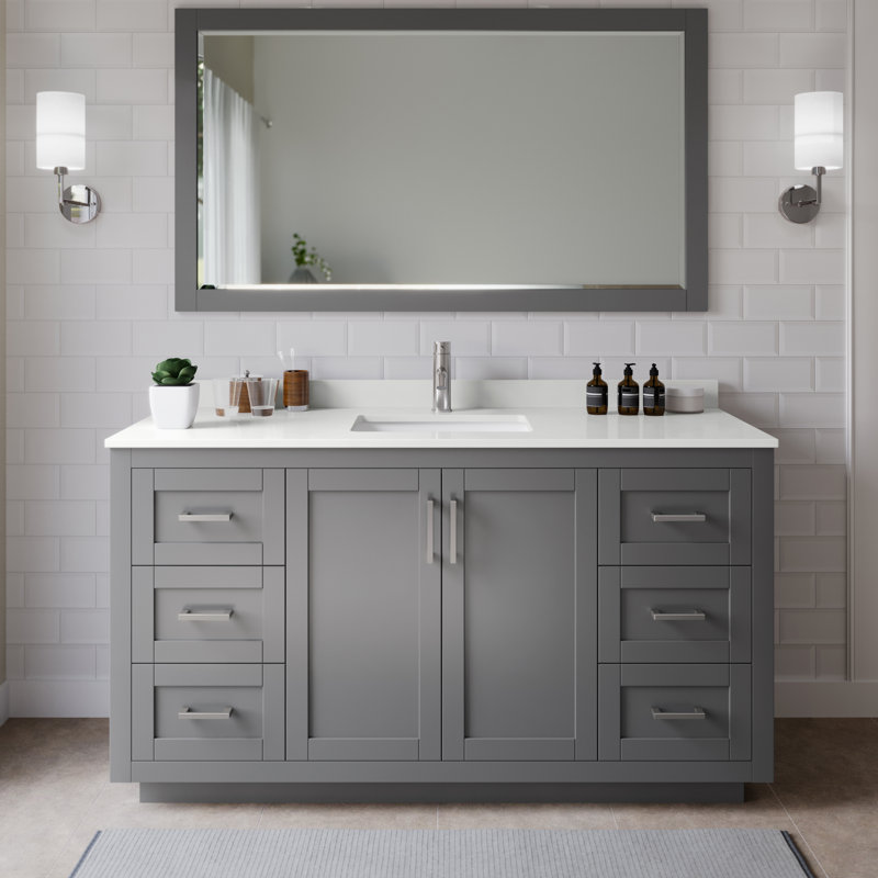 Meuble-lavabo simple autoportant de 66 po avec plateau en quartz Miranda, Quartz blanc, Gris foncé, Nickel brossé