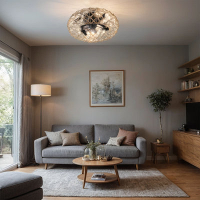 Ventilateur de plafond en corde de jute avec 4 ampoules, à intensité variable, 7 vitesses, moteur à courant continu réversible