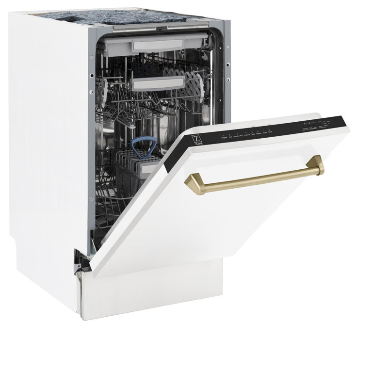 ZLINE Autograph Edition 18 in. Tallac Series Dishwasher in White Matte W/ Champagne Bronze Handle, 51dBa (DWVZ-WM-18-CB)
