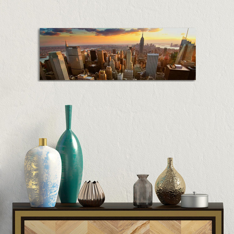 New York Panoramic Skyline Cityscape (Sunset) by Unknown Artist - Wrapped Canvas Panoramic Print