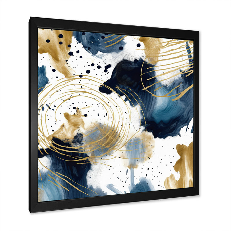 Motif abstrait avec textures bleues et dorées I, Cadre simple noir, H 36 po x l 36 po x P 1,5 po
