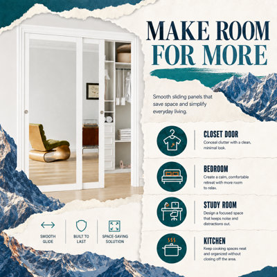 Porte coulissante 72 po x 96 po avec miroir blanc apprêté pour garde-manger et garde-robe