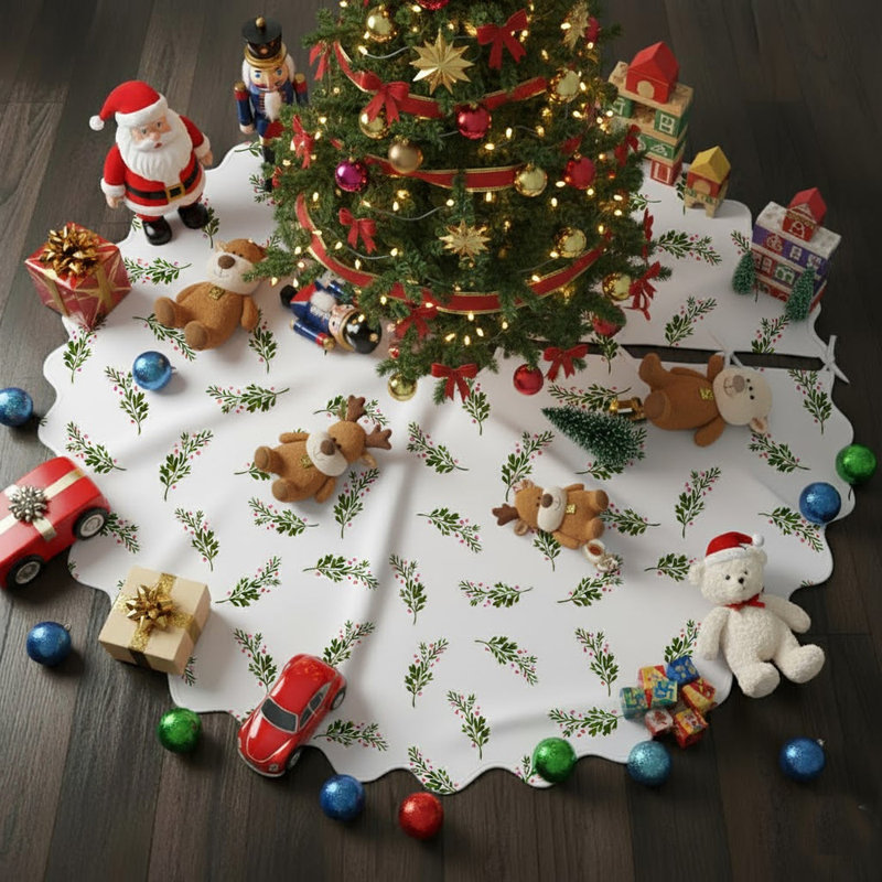 Jupe d'arbre de Noël à motif de feuilles et de baies - 54 po de diamètre