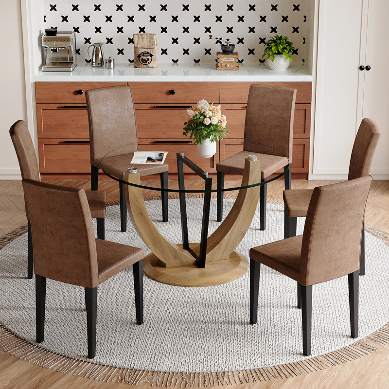 Modern 6‑Seat Round Dining Table Set – Tempered Glass Top Dining Table and Chairs, Kitchen & Dining Room Set