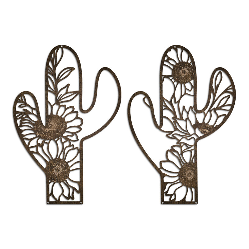 Metal Cactus Outdoor Decor, Rustic Sunflower Metal Wall Art, Floral Nature-Inspired Metal Wall Art for Living Room, Bedroom, Bathroom, Boho Style, Lawn Decoration, 12.2 x 4.6 inches