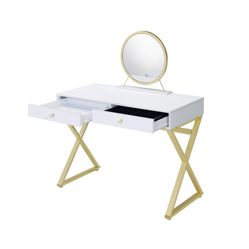 Rectangular White & Gold Finish Vanity Desk With Crystal Handle, Metal Frame, Mirror Jewelry Tray, 2 Drawers Center Glide Featuring Highlights, Form, Removeable Mirror, Storage