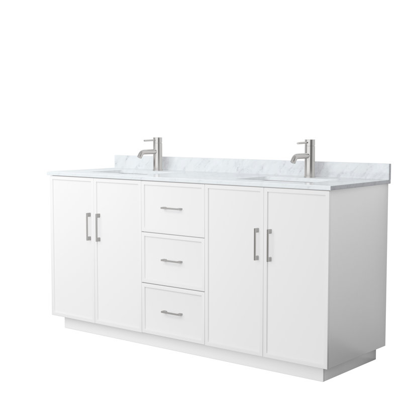 Ensemble de meuble-lavabo double autoportant 72 po avec plateau en marbre Elan TK, Blanc, Nickel brossé