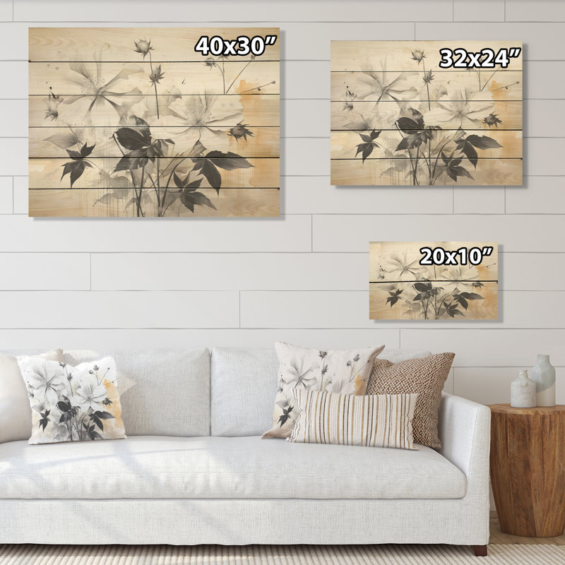 Hibiscus gris minimaliste intemporel I - Hibiscus, art mural sur bois de pin naturel, H 30 po x l 40 po