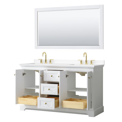 Meuble-lavabo double 60 po Avery en blanc, comptoir en marbre de culture blanc, lavabos carrés encastrés (3 trous), miroir de 58 po, garniture or brossé
