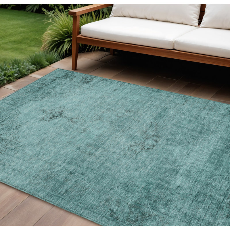 Tapis d'intérieur / extérieur 8 pi x 10 pi bleu turquoise et gris anthracite lavable