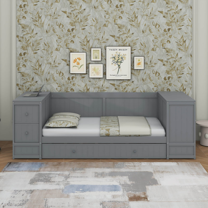 Twin Size Daybed With Trundle, Storage Arms And Charging Station, Gray