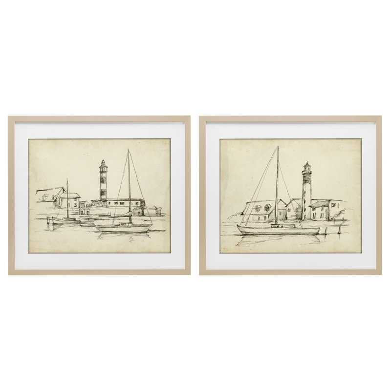 Ensemble de 2 reproductions encadrées sous verre vintage, par Ethan Harper, H 13 po x l 16 po, Cadre de récolte en pin
