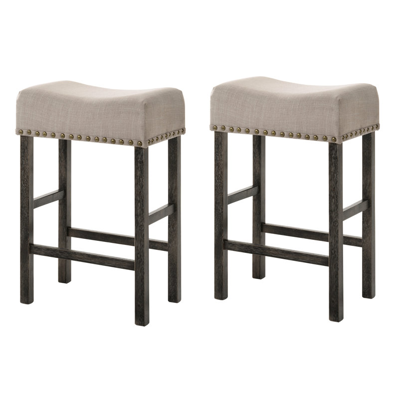 2 chaises de comptoir en lin brun clair - sans dossier avec des pieds en bois gris pour les tabourets de salle à manger modernes