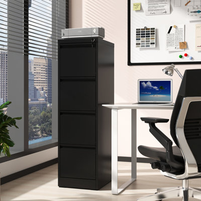4 Drawer Vertical File Cabinet For Office/Home, Steel Construction, Corrosion Resistance, Full Extension, Tilt, Black Modern Unit Metal With Lock Extension Drawers, Tilt Design, Black, Style