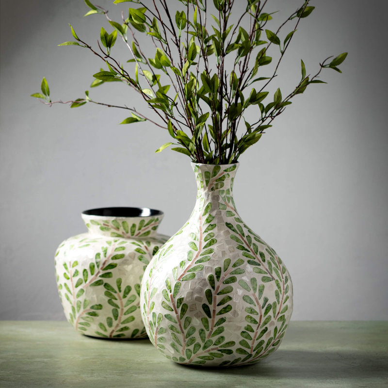 Vase à motif de feuilles H 9 po; vert
