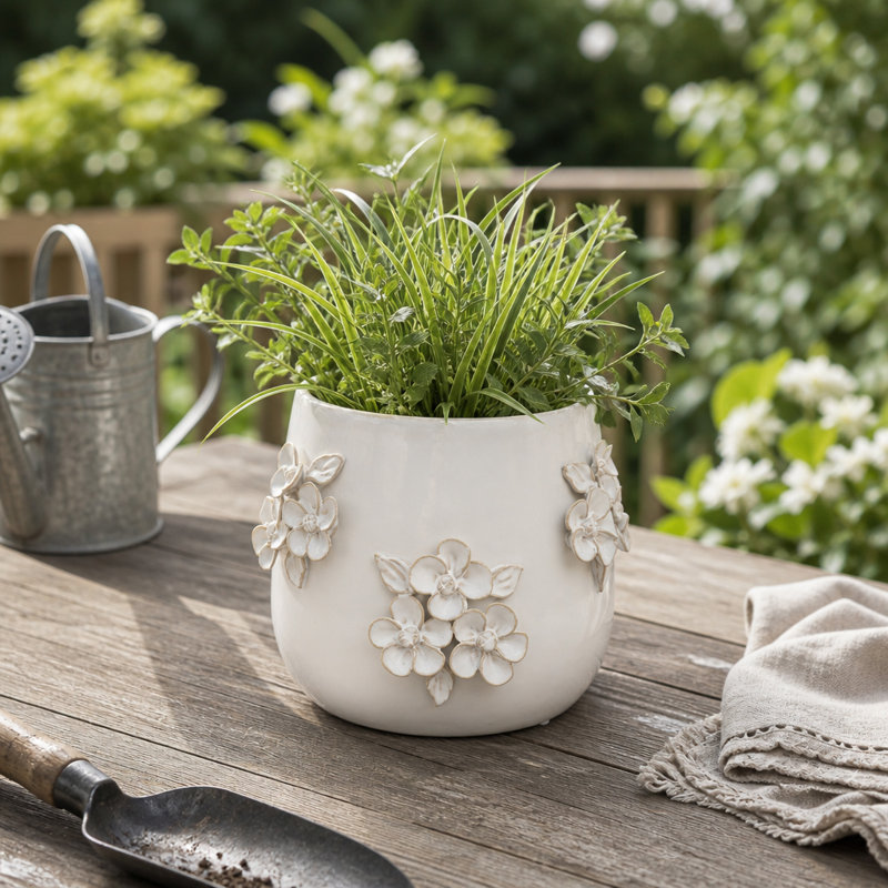 Decorative Flower Bunches Planter For Indoor And Outdoor Spaces - Stylish Flower Pot For Patio, Living Room And Home Decor Accent - Ivory