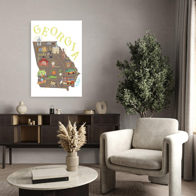 Explorez la carte de la Géorgie : architecture contemporaine d'alligators et nature (affiche murale)., H 36 po x l 24 po