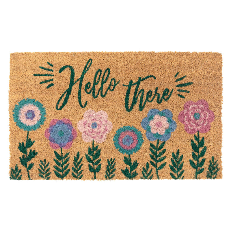 Natural Coir Fibre Doormat, Anti-Slip Mat Backing Hello There Flowers