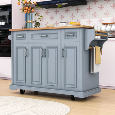 Rolling Kitchen Island Cart with Rubber Wood Drop Leaf, Storage Cabients and Soft Close Drawers by Lark Manor