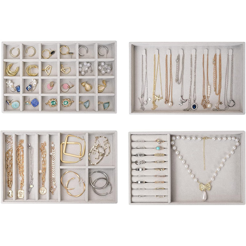 Stackable Jewellery Organizer Trays For Drawers, Jewellery Drawer Inserts Container Display Case Storage,Grey, 4 Layers
