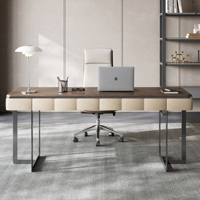 Brownness+Black Rectangular Solid + Manufactured Wood+Stainless Steel with 2 drawers desk