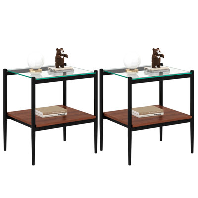 Set Of 2 Rectangle End Table, Tempered Glass Tabletop With MDF Layer, Modern Table For Living Room