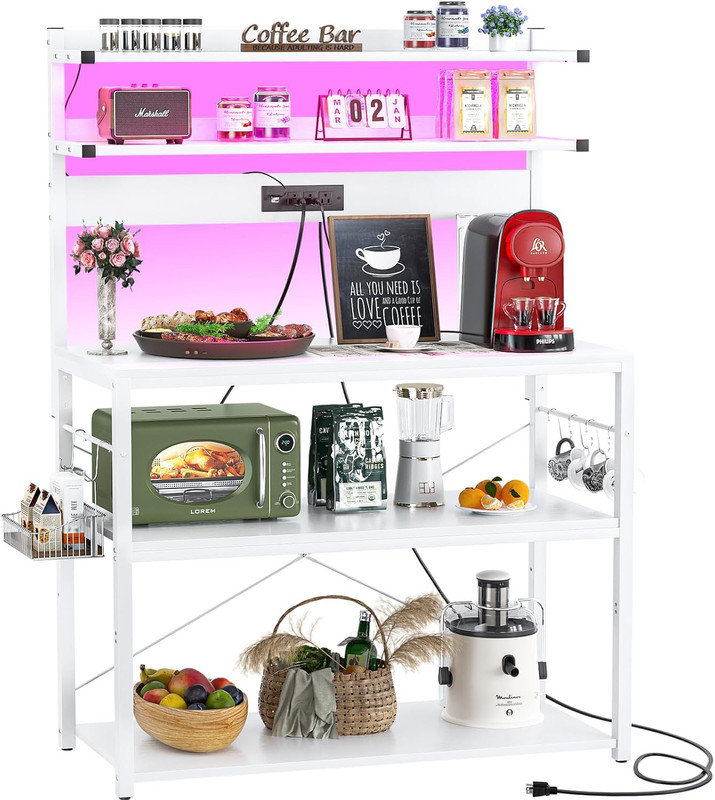 5-Tier Kitchen Microwave Stand with Power Outlet & LED Lights - Coffee Bar Station w/ 6 S-Hooks - Spice/Pot Storage Rack - Free Standing Utility Shelf