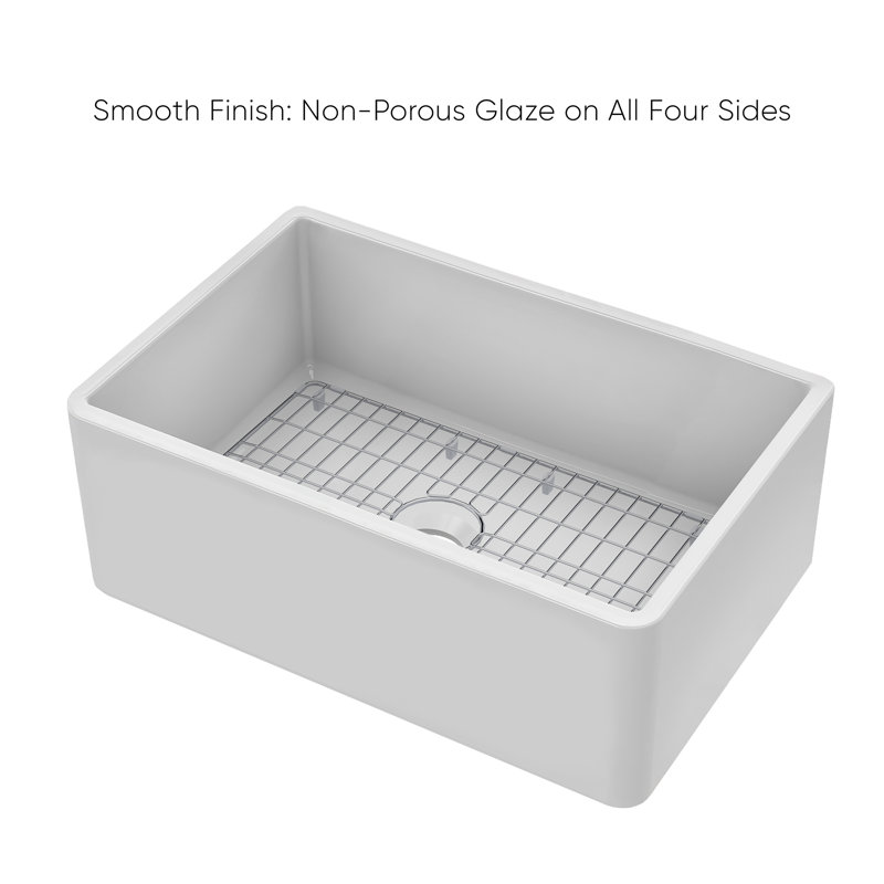 Whitehaus Collection Reversible Fireclay Kitchen Sink with Grid: Three Edge Frame, Plain Front Apron, 10" H x 27" L x 18" W