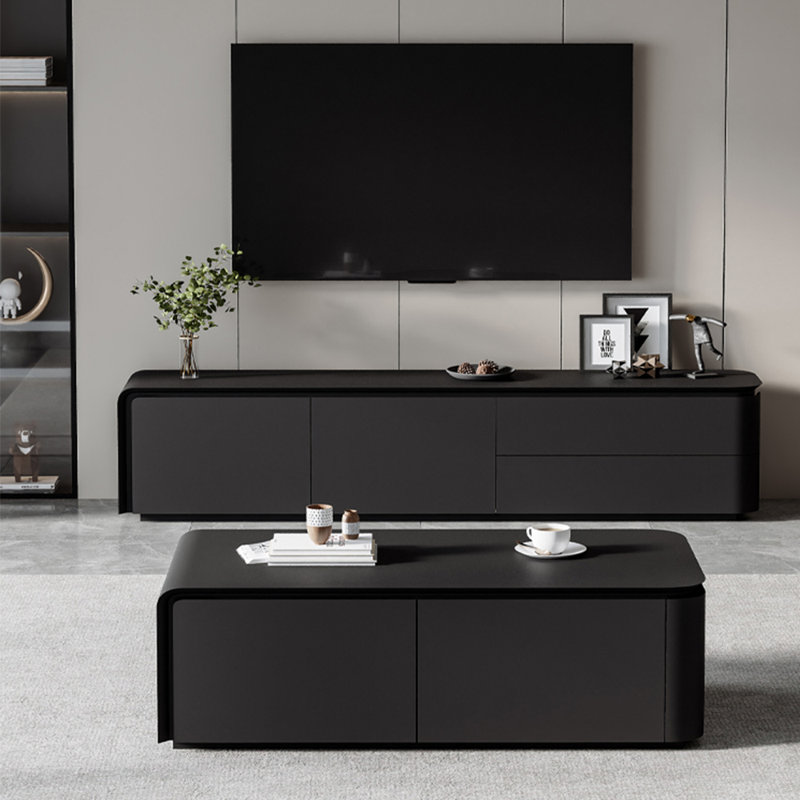 Meuble télé ouvert avec table basse et grand rangement, Noir, noir, noir, noir