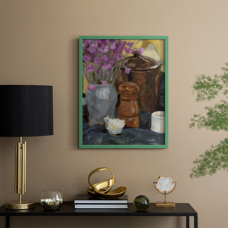 Nature morte avec fleurs séchées I, reproduction encadrée - bois massif, H 11 po x l 9 po, Vert