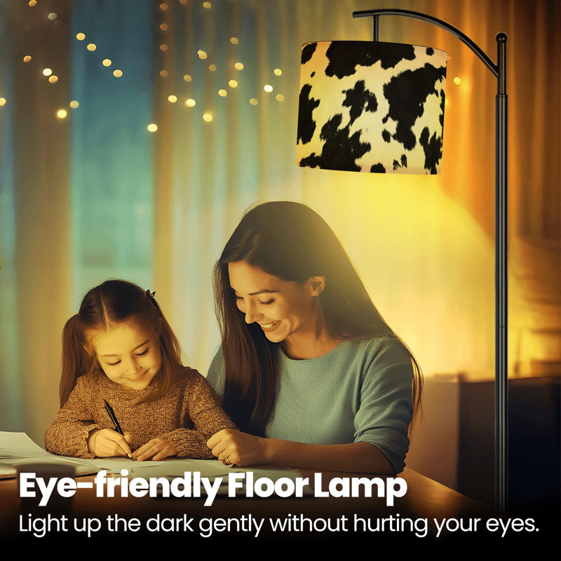 Lampe sur pied à arc avec abat-jour réglable en cuir de vache noir et blanc avec imprimé animalier et lampe sur pied à 3 températures et intensité variable avec interrupteur au pied pour la chambre à coucher