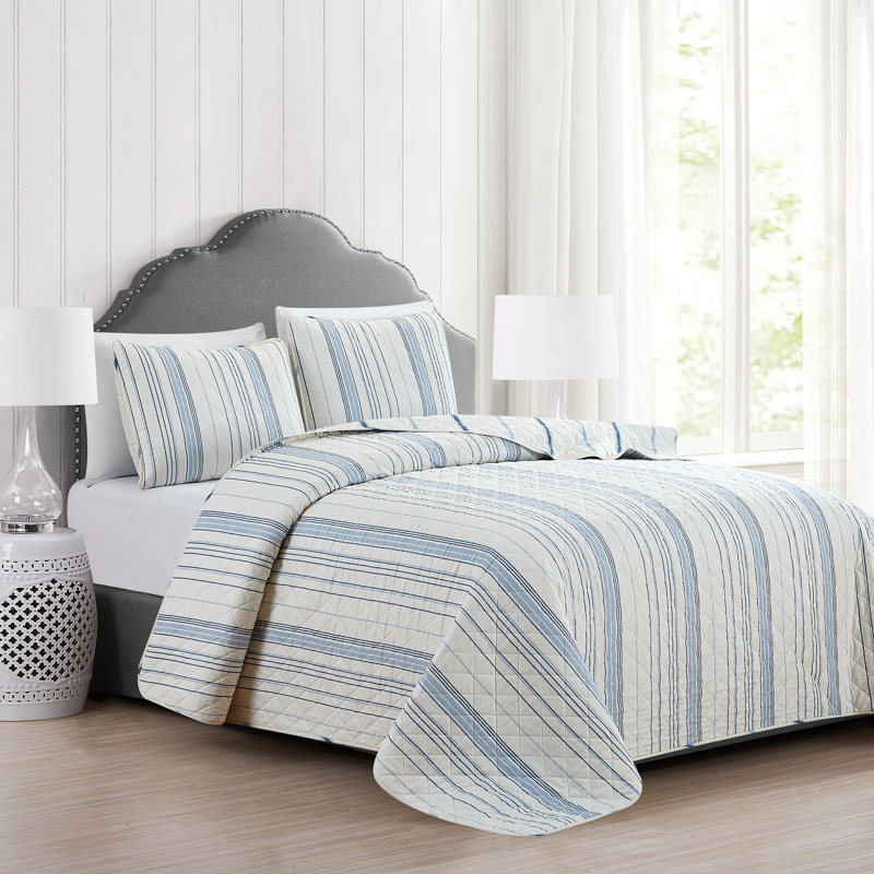 Ensemble de courtepointe réversible en microfibre Sofia, Ivoire / bleu, Courtepointe très grand et 2 très grandes taies 