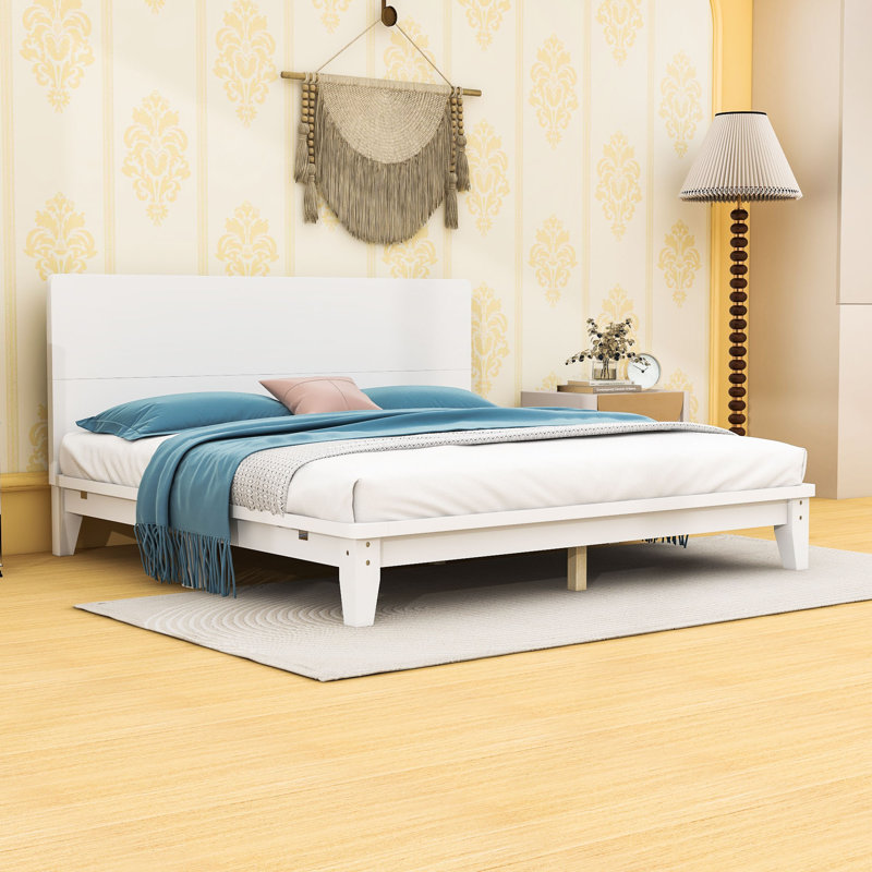 Base de lit plateforme en bois avec tête de lit, Lit double, Blanc