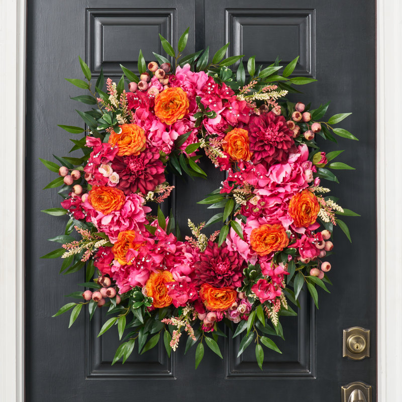 Couronne Dahlia, Bougainvillea et Renoncule printemps été, H 32 po x l 32 po x P 6 po