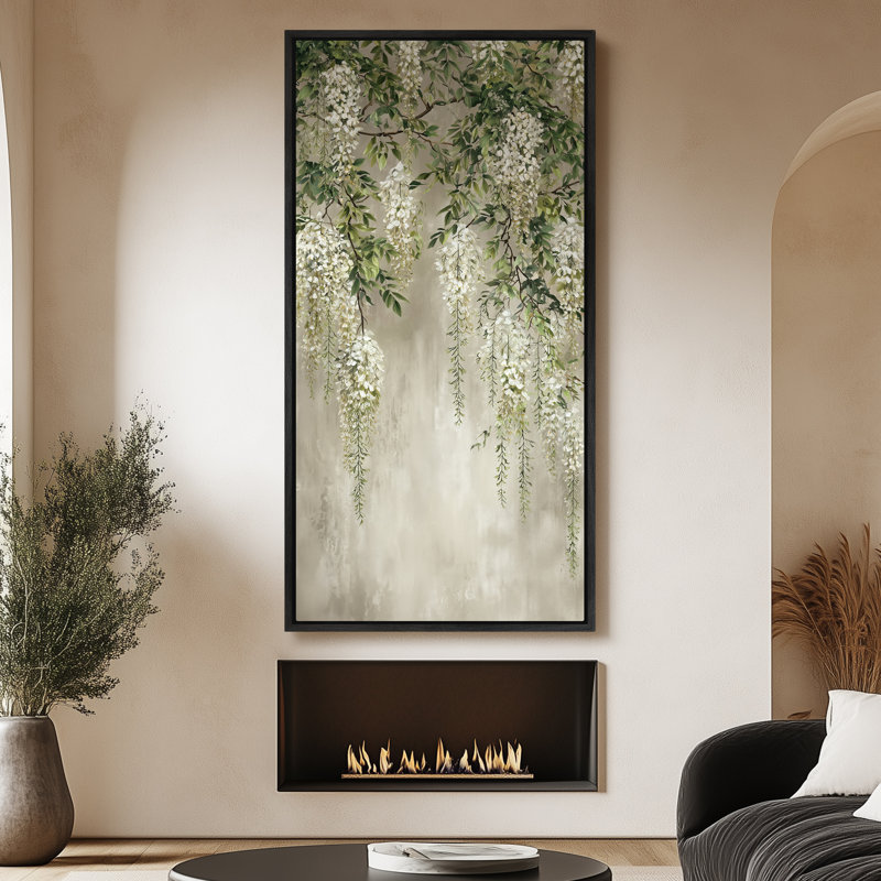 «Wisteria blanc élégant», art botanique suspendu très grand, reproduction d'art sur toile encadrée, Noir