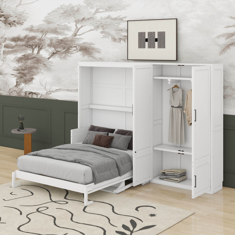 Grand lit escamotable luxueux avec garde-robe élégamment intégré, Blanc
