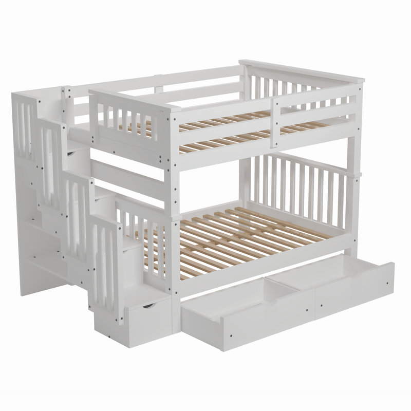 Girlie Full Over Full Bunk Bed with Shelves and Storage Drawers, White