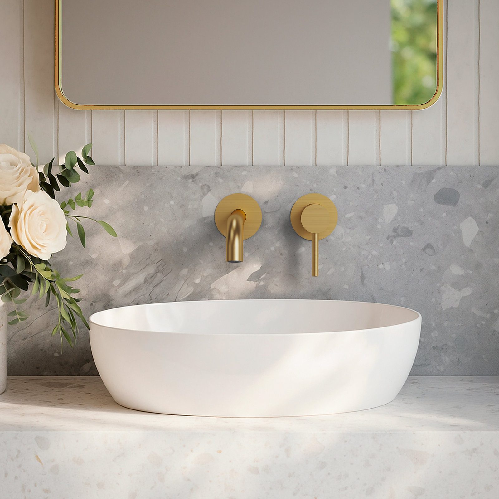Wall-Mounted Bathroom Faucet with Drain, Brushed Gold