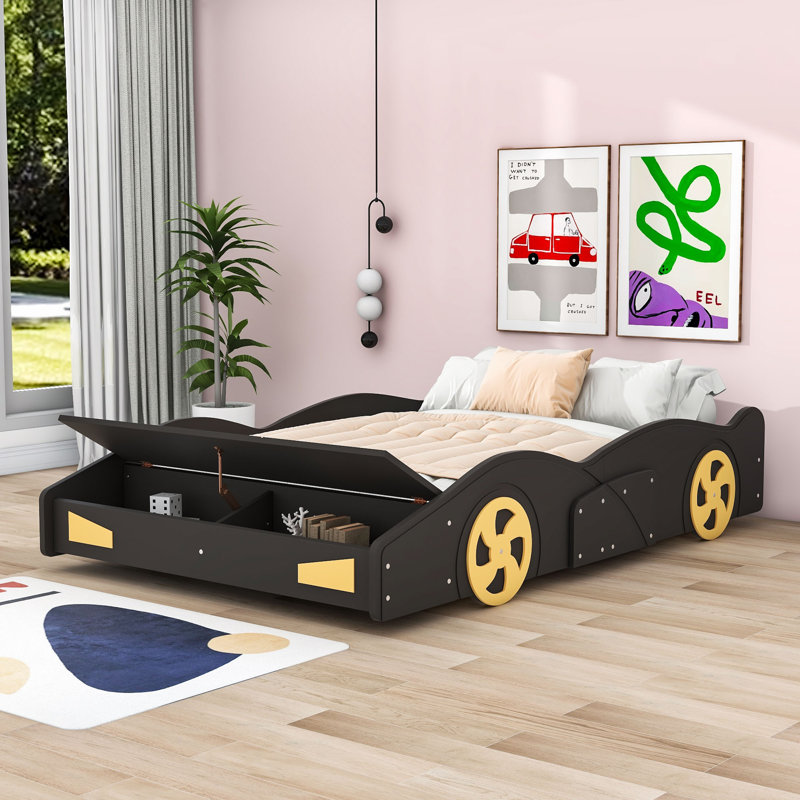 Alara Platform Bed with Race Car Design and Footboard Storage, Black