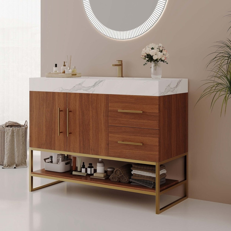 Meuble-lavabo moderne avec lavabo en céramique, armoire autoportante avec tablette et tiroir, design élégant et durable