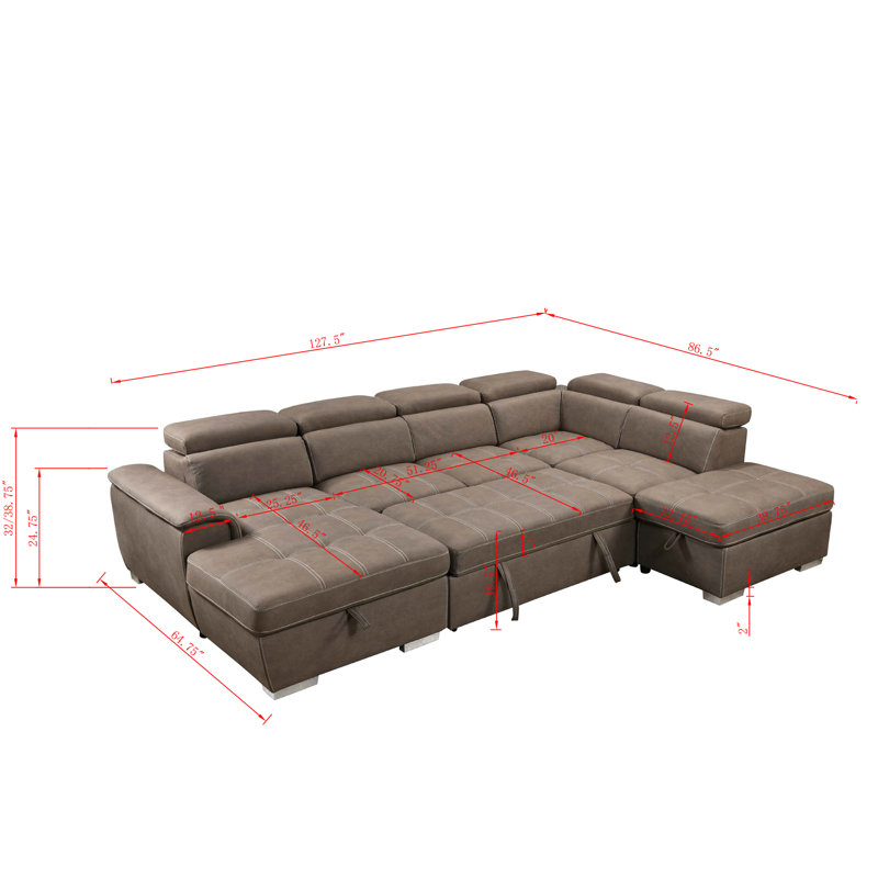 128.01" U Shaped Sleeper Sectional Sofa Bed, Modular Sofa 7 Seater Couch with Storage Seat, Brown Polyester