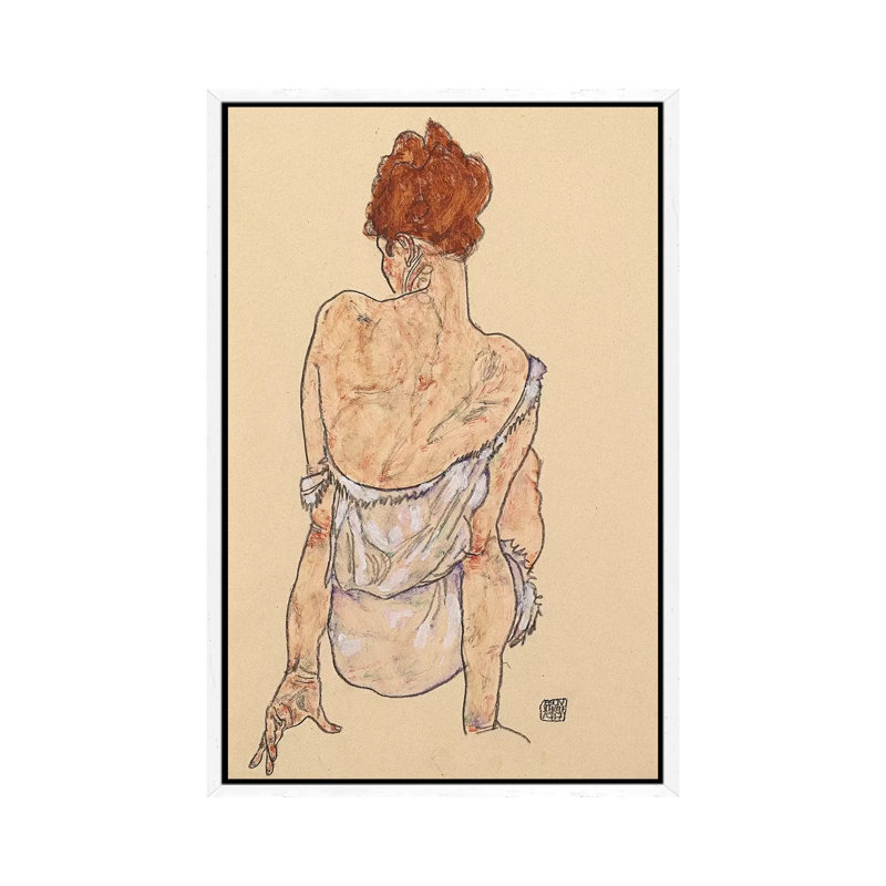 Seated Woman In Underwear, Rear View, 1917 by Egon Schiele - Painting on Canvas, 101.6cm H x 66.04cm W x 3.81cm D
