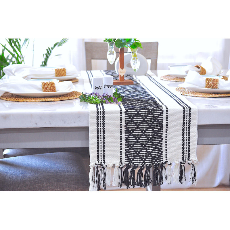 Black and Cream Cotton Woven Table Runner with Tassels