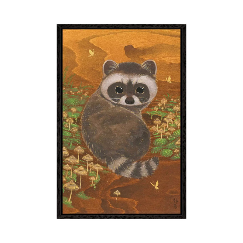Raccoon And Mushrooms by Martin Hsu - Painting on Canvas, Black Framed, 66.04 cm H x 45.72 cm W