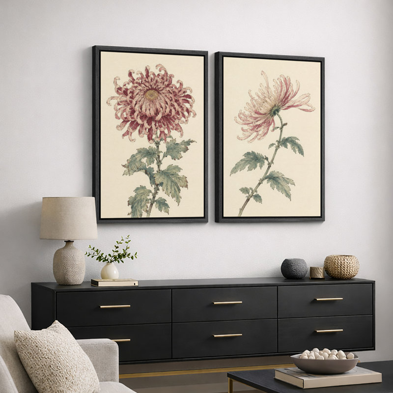 Œuvre botanique rétro, art de chambre à coucher, impression sur estampe numérique sur toile encadrée, 2 pièces, Cadre noir